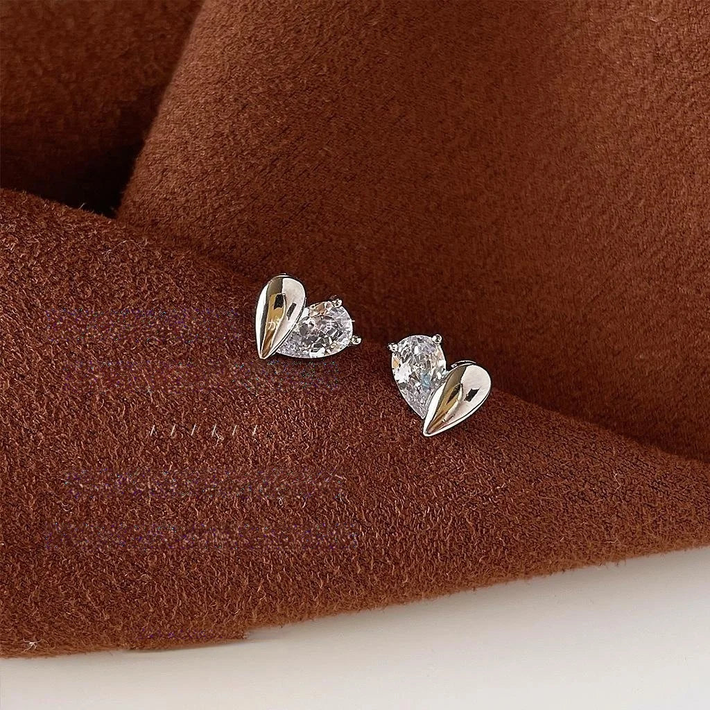 Mini Heart Zircon Stud Earrings With Copper Setting Elegant Casual Style