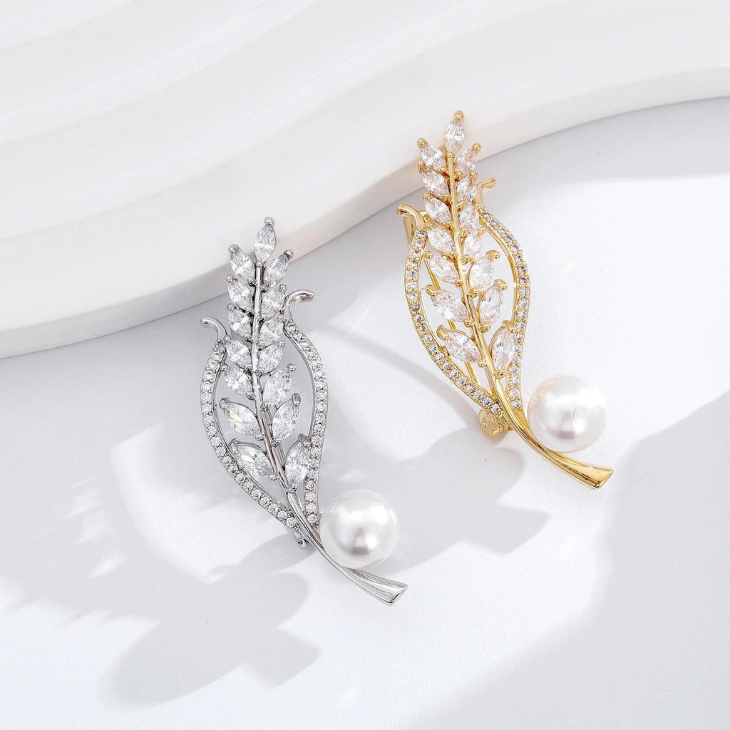 Elegant Wheat Ear Alloy Brooch With Pearl And Zircon Rhinestones, Luxury Lapel Pin Suit Corsage Gift