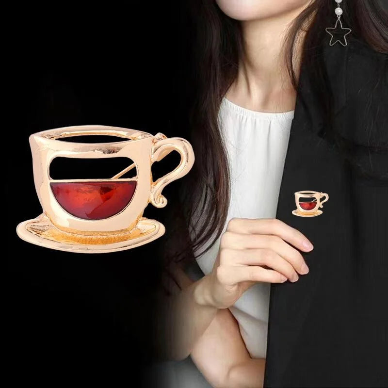 Elegant Alloy Enamel Coffee Cup Brooch With Red Tea Detail, Creative Women's Lapel Pin Gift