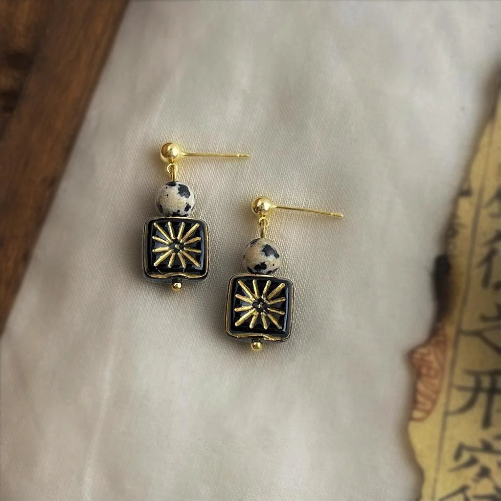 Vintage Czech Glass Geometric Square Round Handmade Drop Earrings for Women