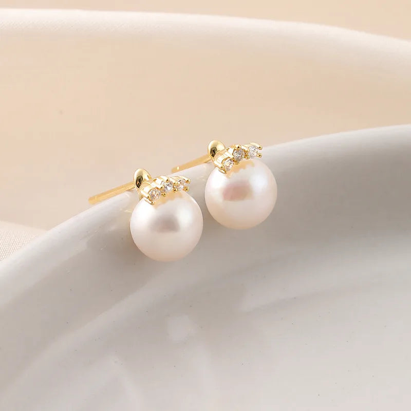Elegant Round Freshwater Pearl Zircon Stud & Clip On No Piercing Gold Plated Women's Fashion Earrings
