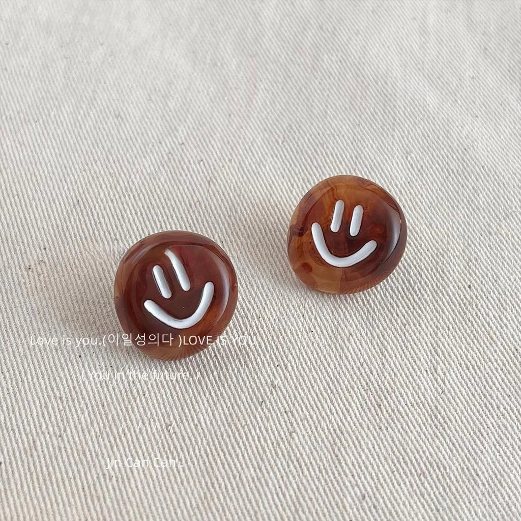 Maillard Style Brown Acrylic Smiley Round Stud Earrings For Women, Korean Autumn Winter Jewelry