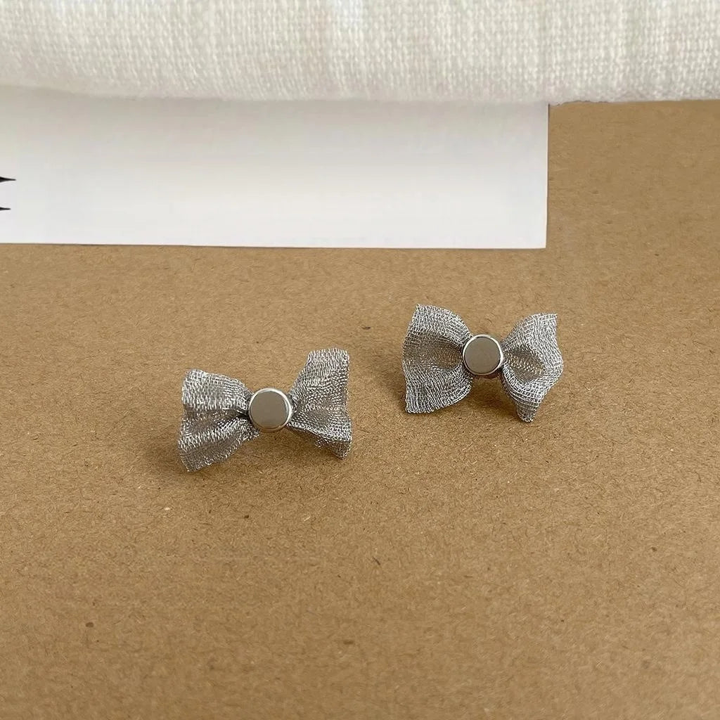 14K Gold Plated Metal Mesh Bow Stud Earrings Simple Versatile Summer Fashion Jewelry