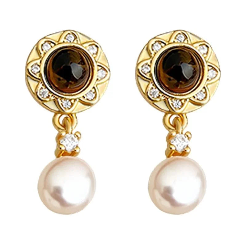 French Vintage Freshwater Pearl Tiger Eye Round Zircon Copper Drop Earrings