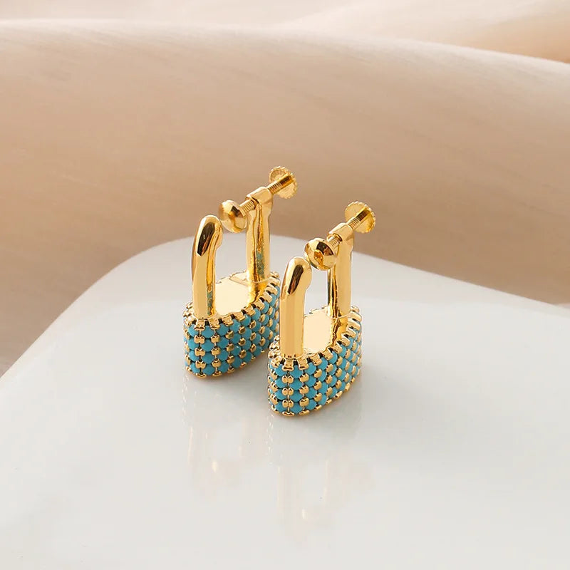 Elegant Luxury Turquoise Pave Padlock Hoop Alloy Stud & Clip On No Piercing Screw Back Earrings