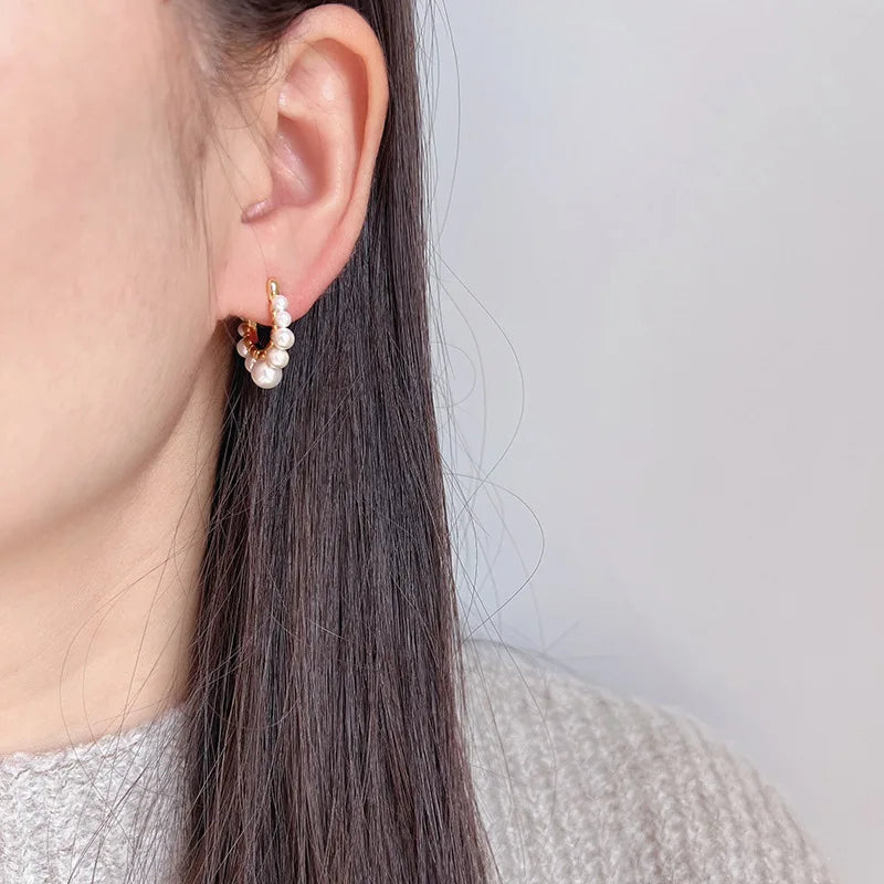Elegant Gold Alloy Faux Pearl Hoop Stud & Clip On No Piercing Commuter Round Circle Earrings