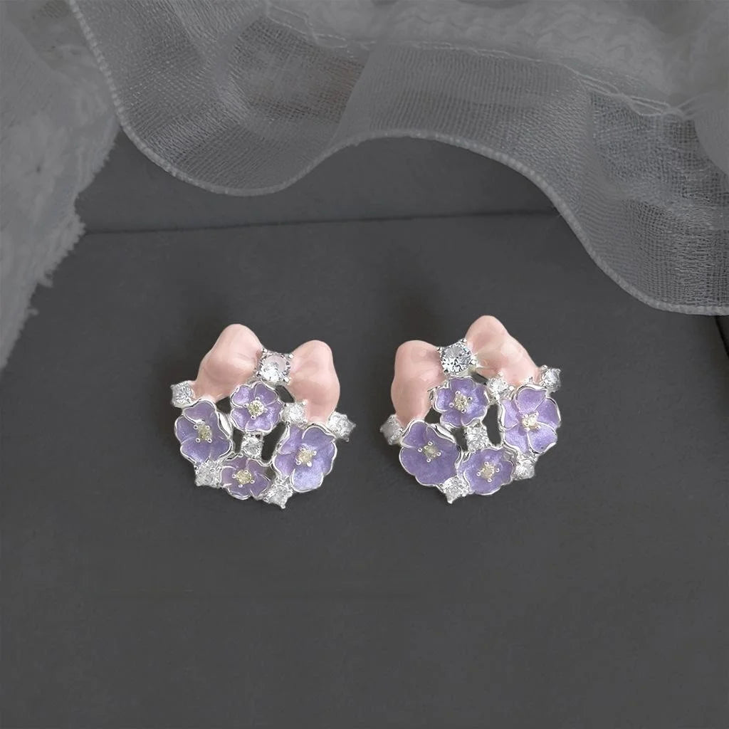 Fresh Sweet Enamel Hand Painted Bow Flower Copper Zircon Stud Earrings
