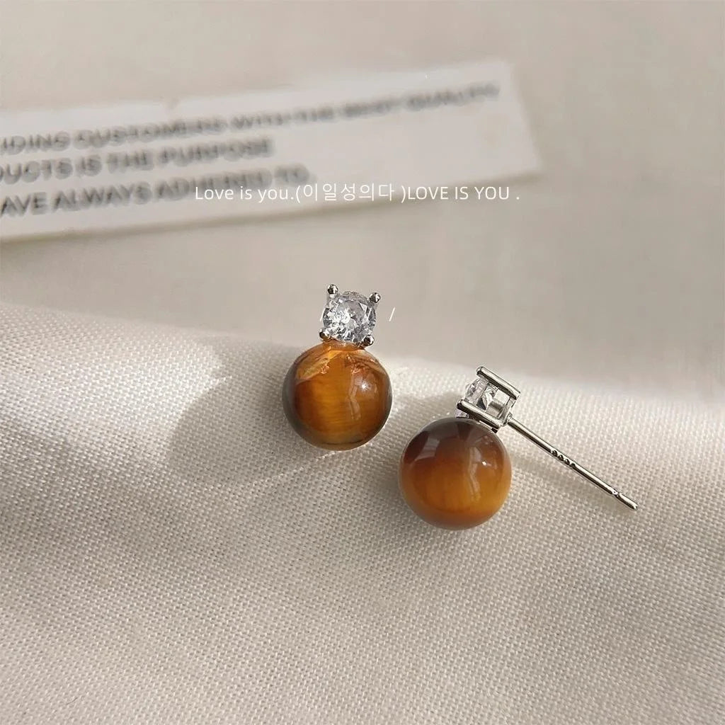 Light Luxury Tiger Eye Stud Earrings Brown Geometric Round Zircon Paved Copper Jewelry