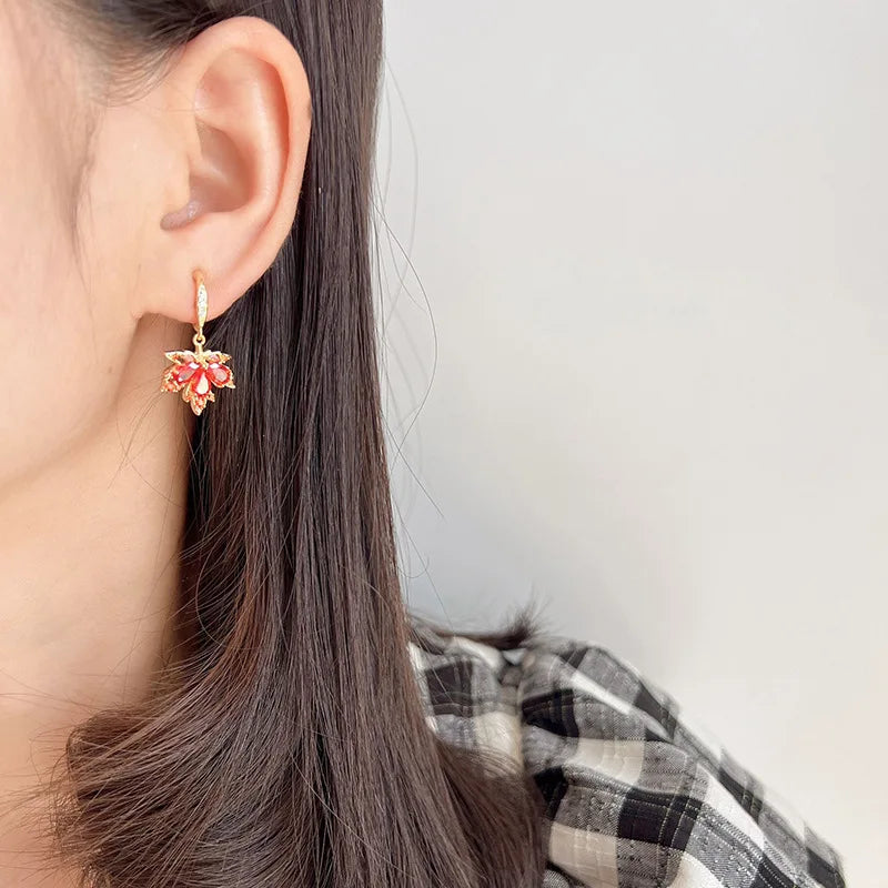 Luxury Orange Red Zircon Maple Leaf Dangle Stud & Clip On No Piercing Gold Alloy Vintage Earrings