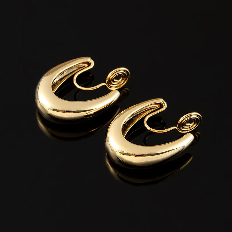 Vintage Gold Alloy U Shape Spiral Hoop Stud & Clip On No Piercing French Minimalist Earrings