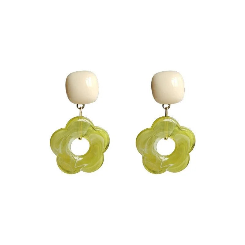 Fresh Grape Green Acrylic Hollow Flower Stud Earrings Silver Plated Pin Cream White Geometric Forest Style