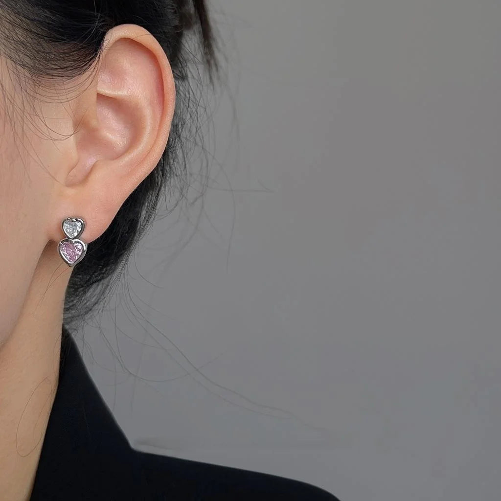 Korean Japanese Style Copper Micro Pave Zircon Colorful Heart Asymmetric Stud Earrings