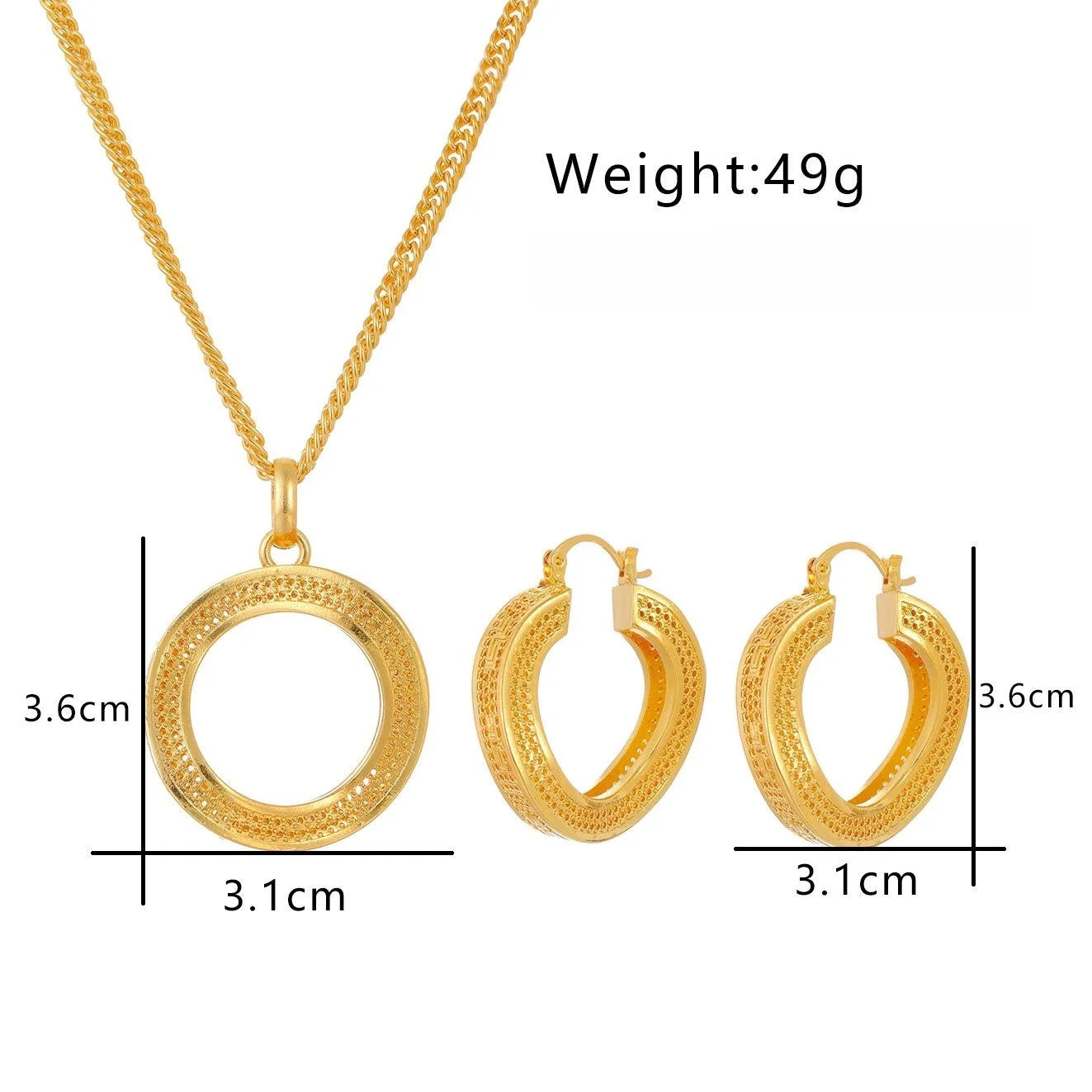 Luxury 24K Gold Plated Alloy Hoop Earrings And Round Pendant Necklace Jewelry Set For Bridal Wedding Party