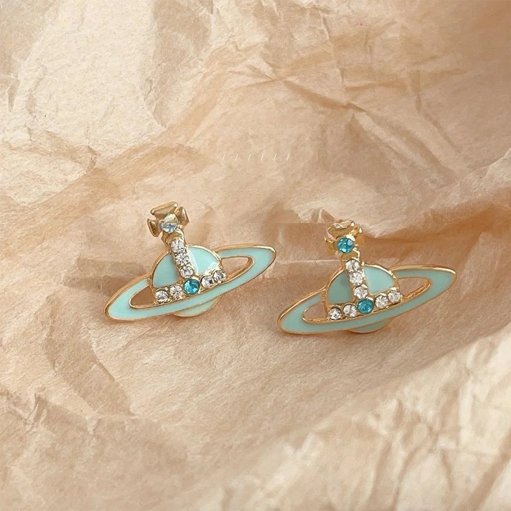 Mint Green Saturn Planet Stud Earrings Copper Drip Glaze Rhinestone Sweet Cool Jewelry