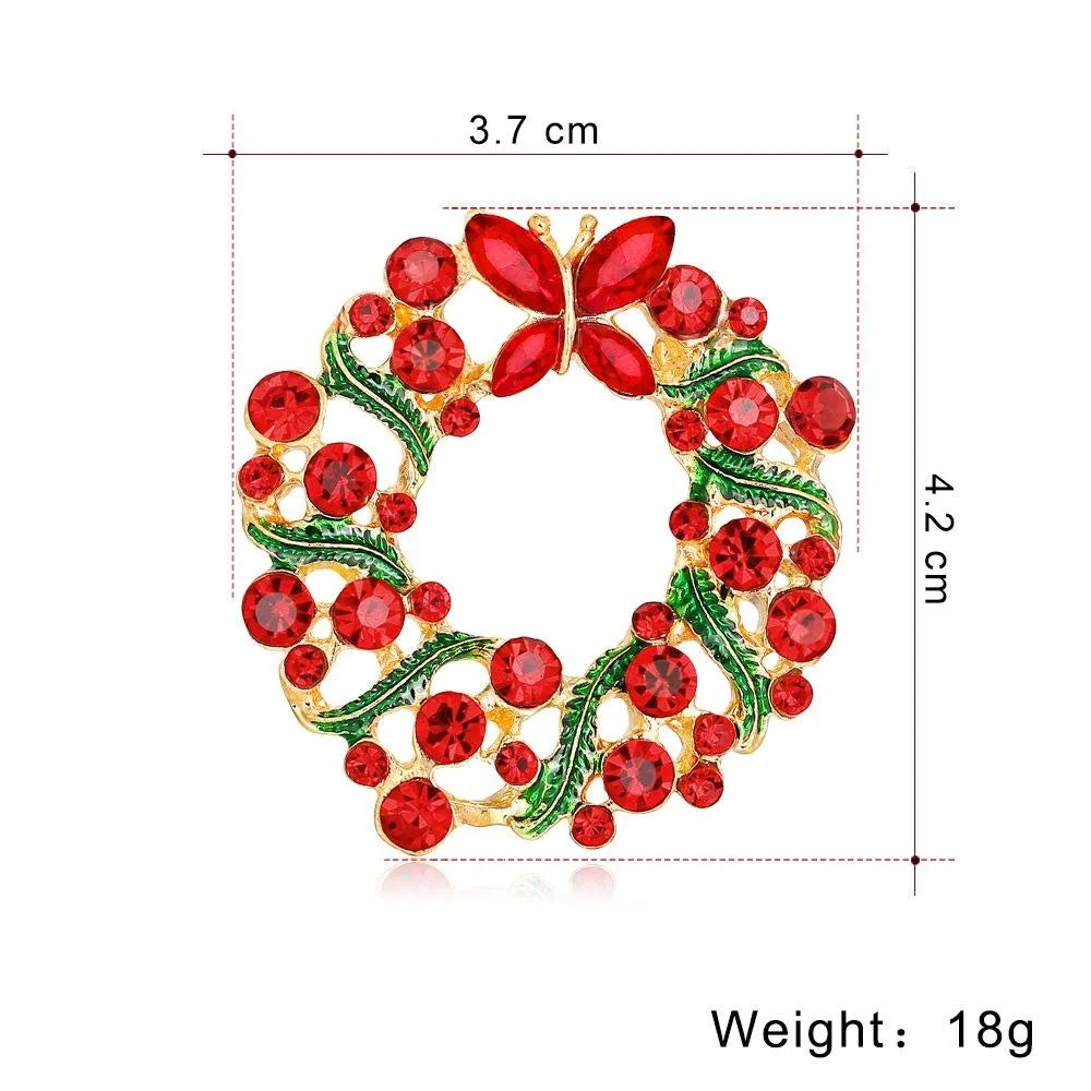 Elegant Christmas Wreath Brooch With Red Rhinestones And Green Enamel, Festive Lapel Pin Gift