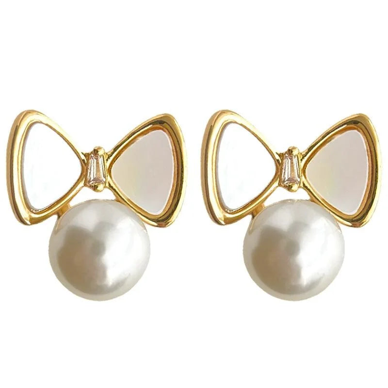 Sweet Bow Knot Real Shell Pearl Zircon Copper Stud Earrings For Commuter Jewelry