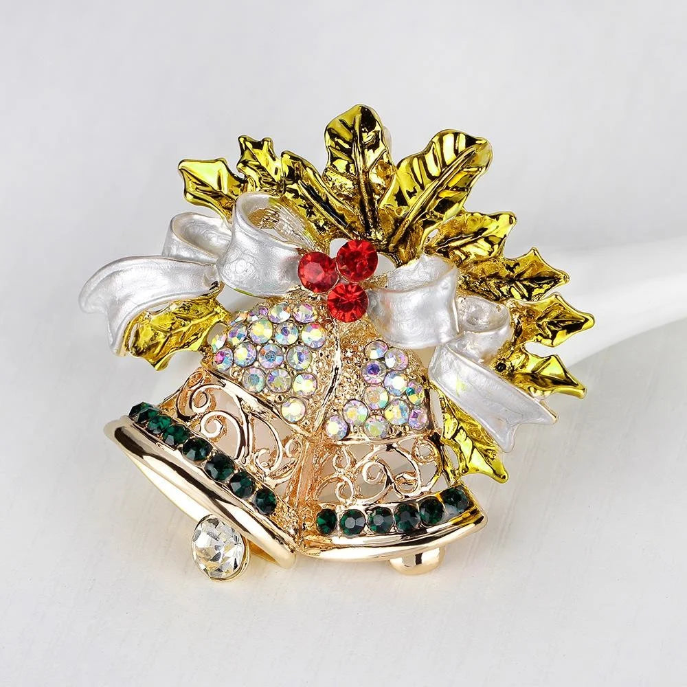 Luxury Christmas Bell Brooch With Pearl Bow, Rhinestone Holly Leaves, Elegant Lapel Pin Corsage Gift