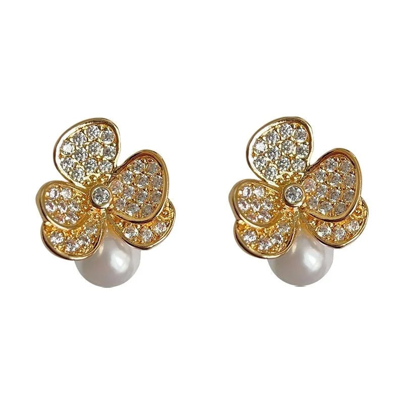 Light Luxury Copper Pearl Leaf Flower Drop Earrings With Micro Pave Zircon Silver Plated Pins