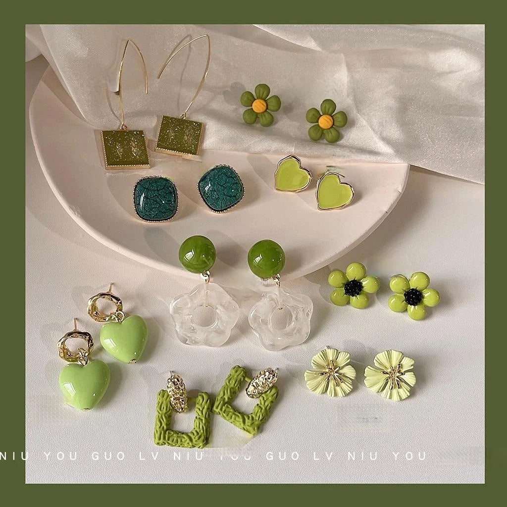 Avocado Green Flower Stud Earrings Silver Plated Alloy Korean Japanese Fresh Forest Style