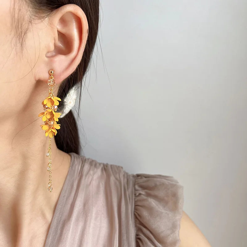 Elegant Yellow Osmanthus Flower Tassel Alloy Crystal Pearl Stud & Clip On No Piercing Earrings