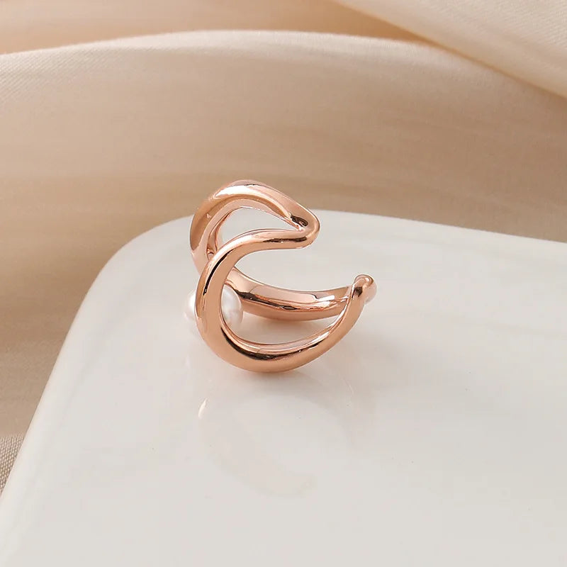 Elegant Pearl Double Hoop Ear Cuff Alloy Metal Lines Stud & Clip On No Piercing Women's Earrings