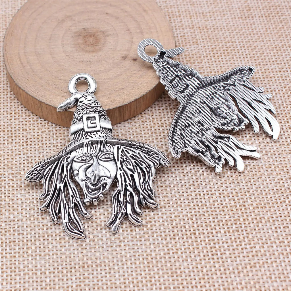 58x48mm 9.3g Antique Silver Zinc Alloy Witch Charm Pendant for DIY Halloween Jewelry Making