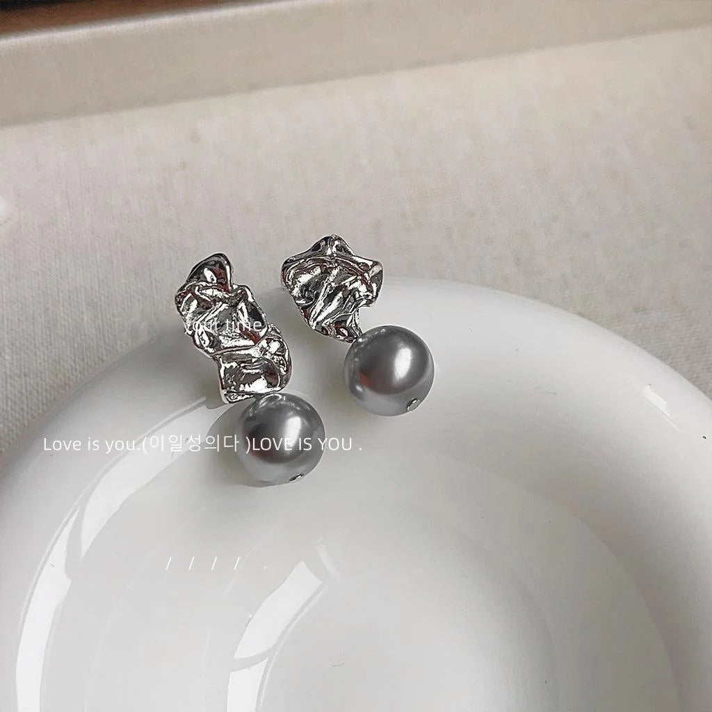 Asymmetric Gray Glass Pearl Drop Earrings Copper Geometric Luxury Style