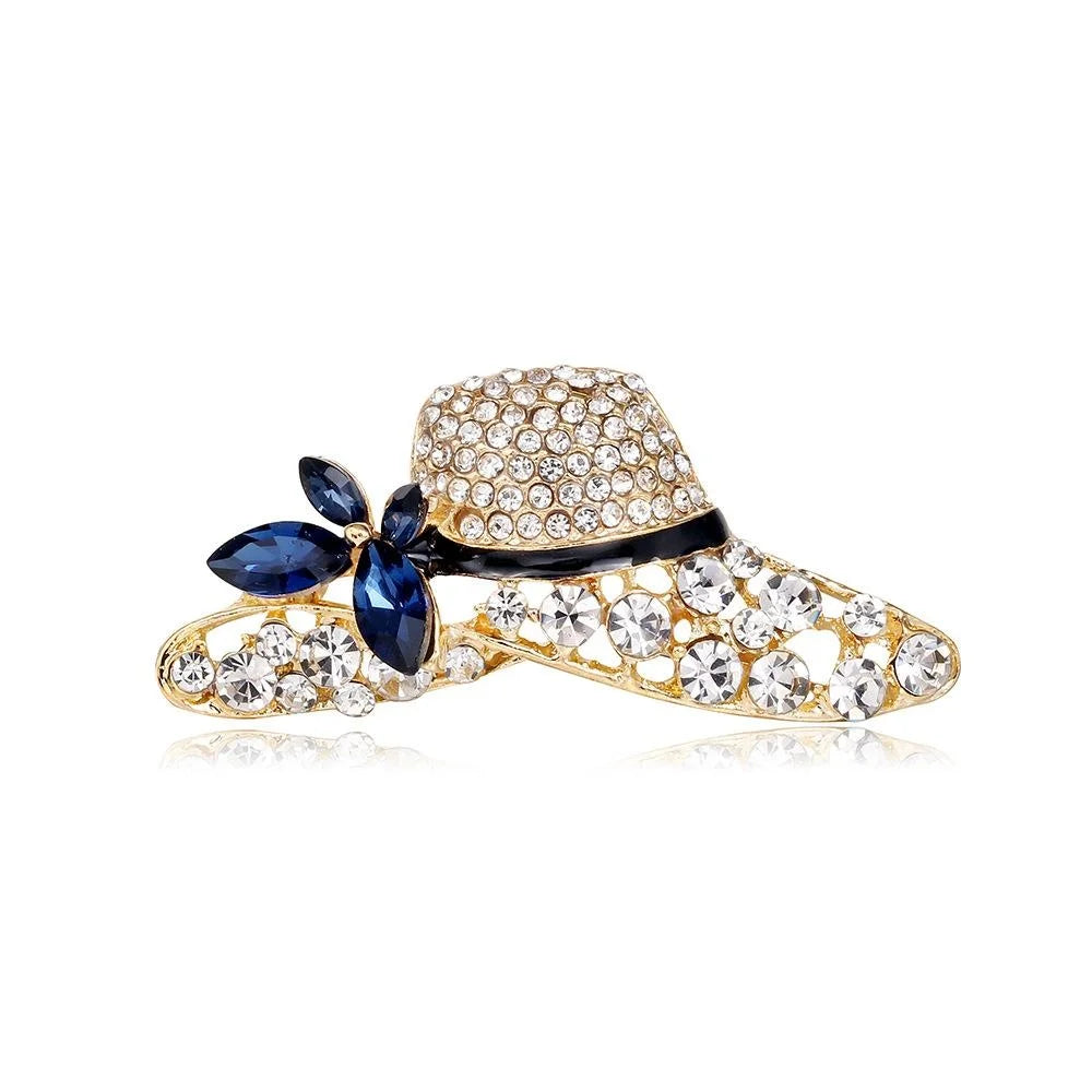 Elegant Rhinestone Wide Brim Hat Brooch With Blue Crystal Flower, Enamel Band Lapel Pin Corsage Gift