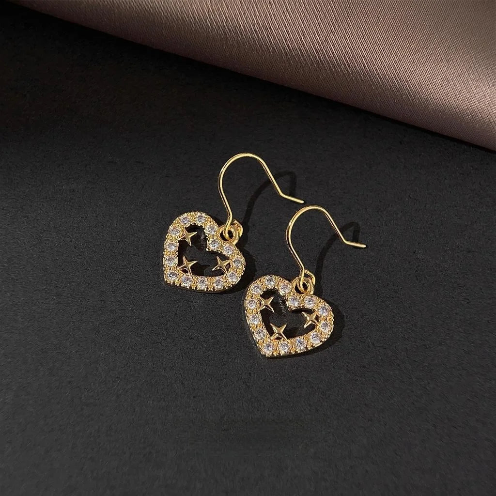 18K Gold Plated Copper Micro Pave Zircon Mini Heart Drop Earrings Light Luxury Jewelry
