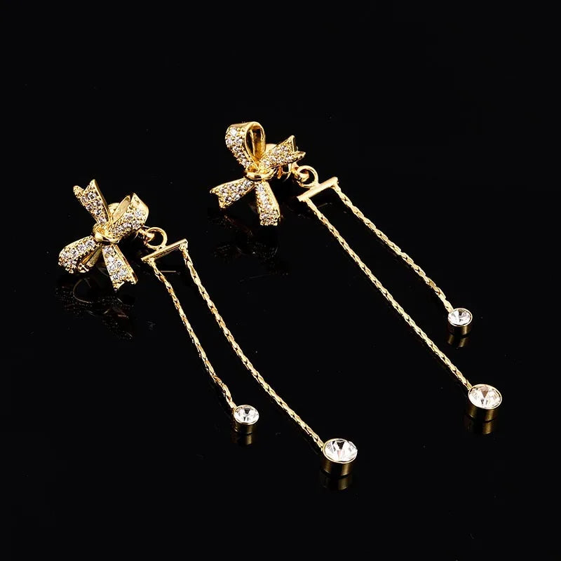 Elegant Zircon Bow Tassel Chain Stud & Clip On No Piercing Luxury Gold Alloy Drop Earrings