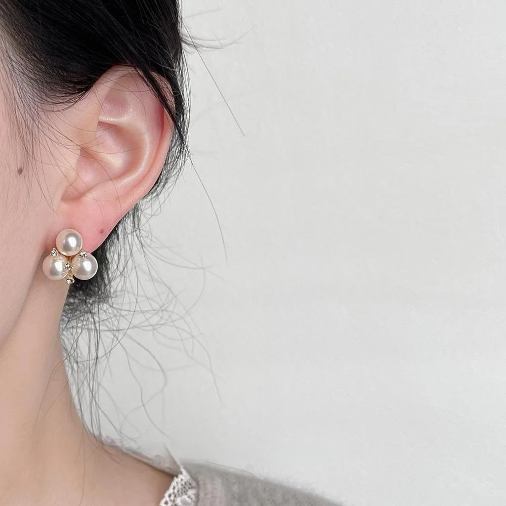 French Vintage Copper Glass Pearl Flower Stud Earrings With Micro Pave Zircon For Women