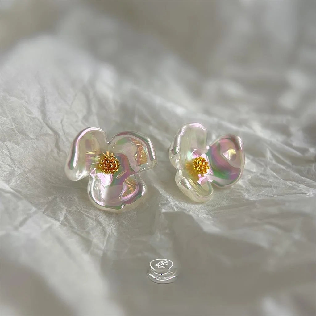 Sweet Iridescent Resin Iris Flower Stud Earrings Gradient Holographic AB Floral Jewelry