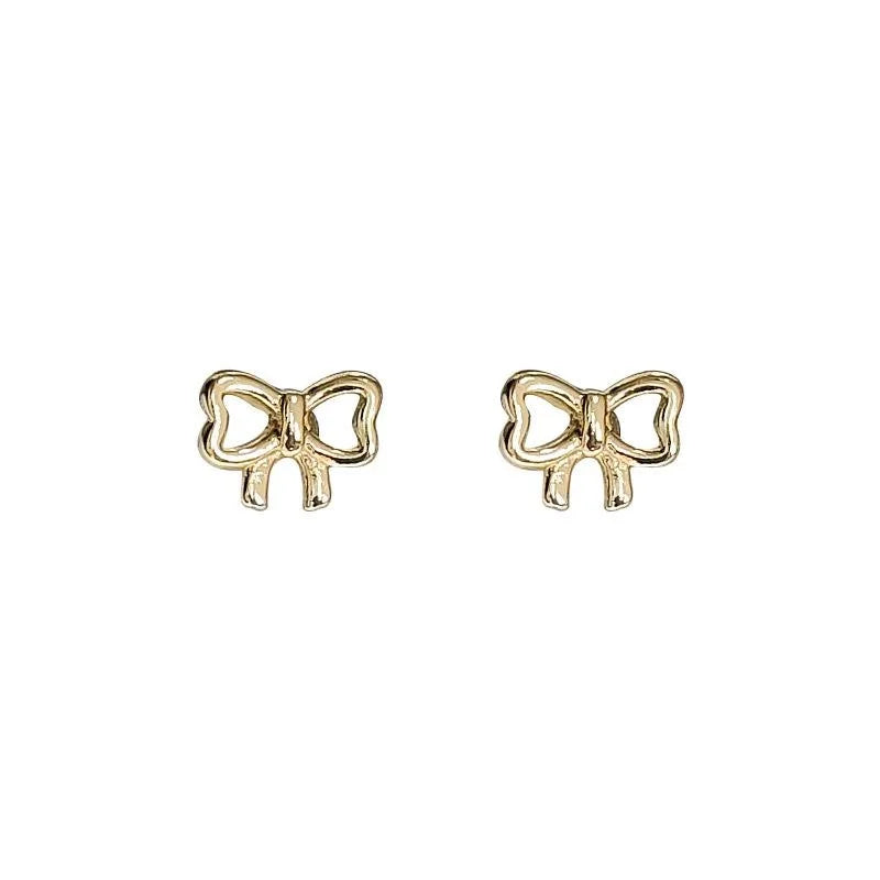 Mini 14K Plated Copper Bow Stud Earrings With Silver Plated Pins, Cute Simple Jewelry For Women