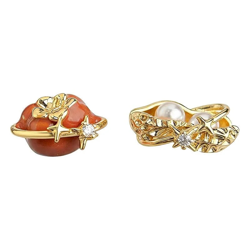 Asymmetric Persimmon Peanut Zircon Enamel Stud Earrings With Pearl Copper
