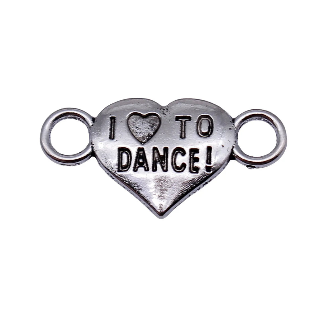25x13mm 1.1g Antique Silver Zinc Alloy I Love Dance Heart Connector Charm for DIY Bracelet Jewelry Making