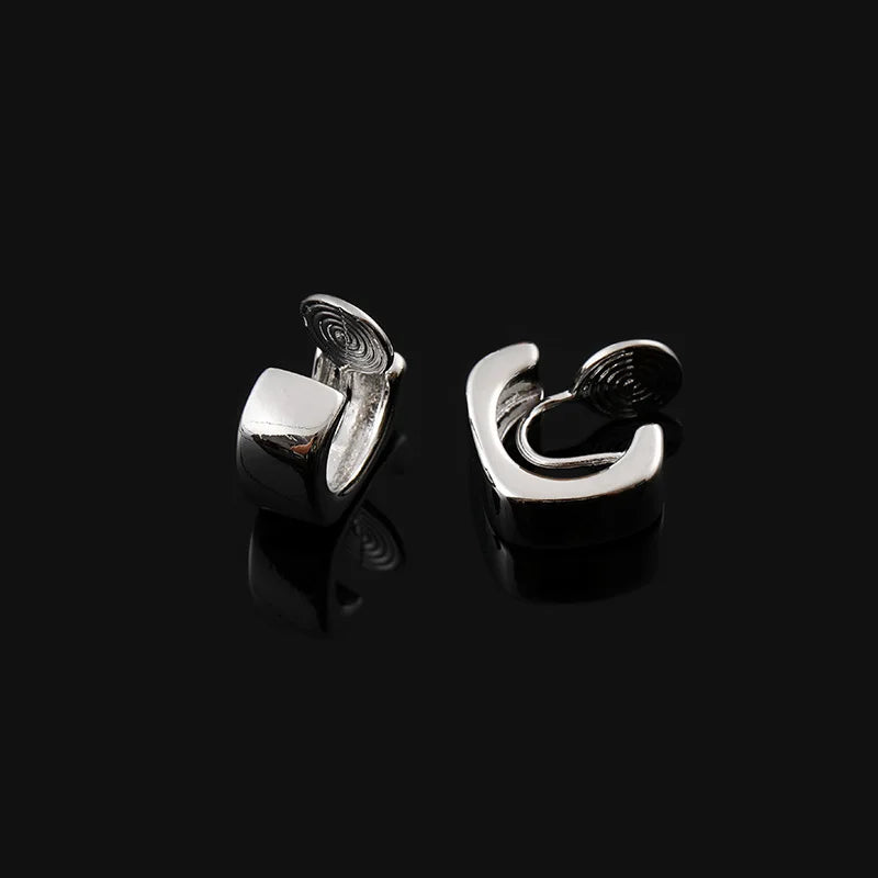 Elegant Silver Alloy Square Hoop With Spiral Disc Stud & Clip On No Piercing Minimalist Wide Huggie Earrings