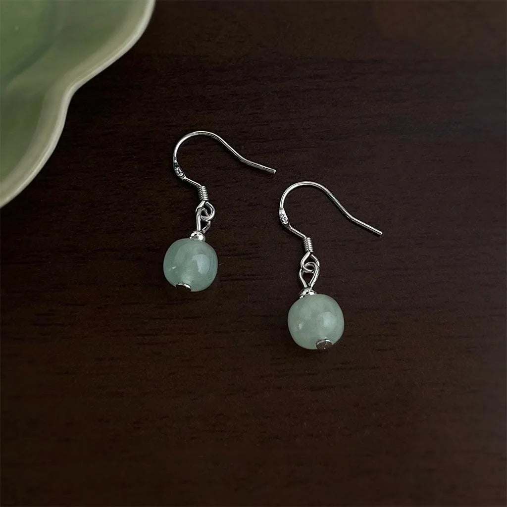 Vintage Green Aventurine Geometric Round Drop Earrings Silver Plated Handmade Forest Style