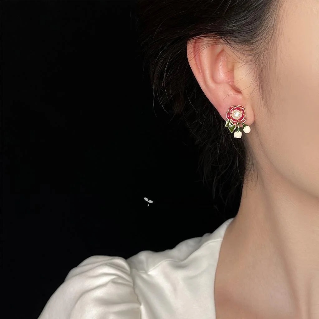 Sweet Floral Enamel Copper Stud Earrings And 14K Plated Finish