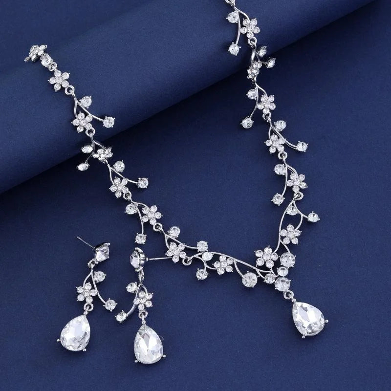 Luxury Bridal Crystal Flower Vine Necklace And Drop Earrings Jewelry Set, Silver Alloy Glass Rhinestone Wedding Jewelry