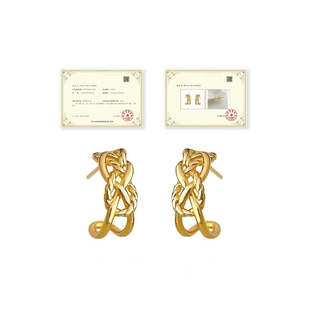 Gold Copper C Shape Hoop Earrings Minimalist Hollow Wide Chain Geometric Old Money Jewelry