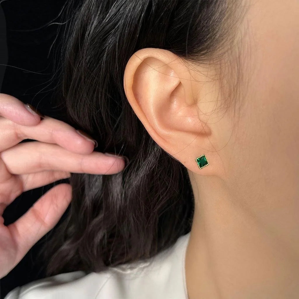 14K Plated Copper Square Sugar Zircon Mini Stud Earrings For Fashion OL Everyday Wear