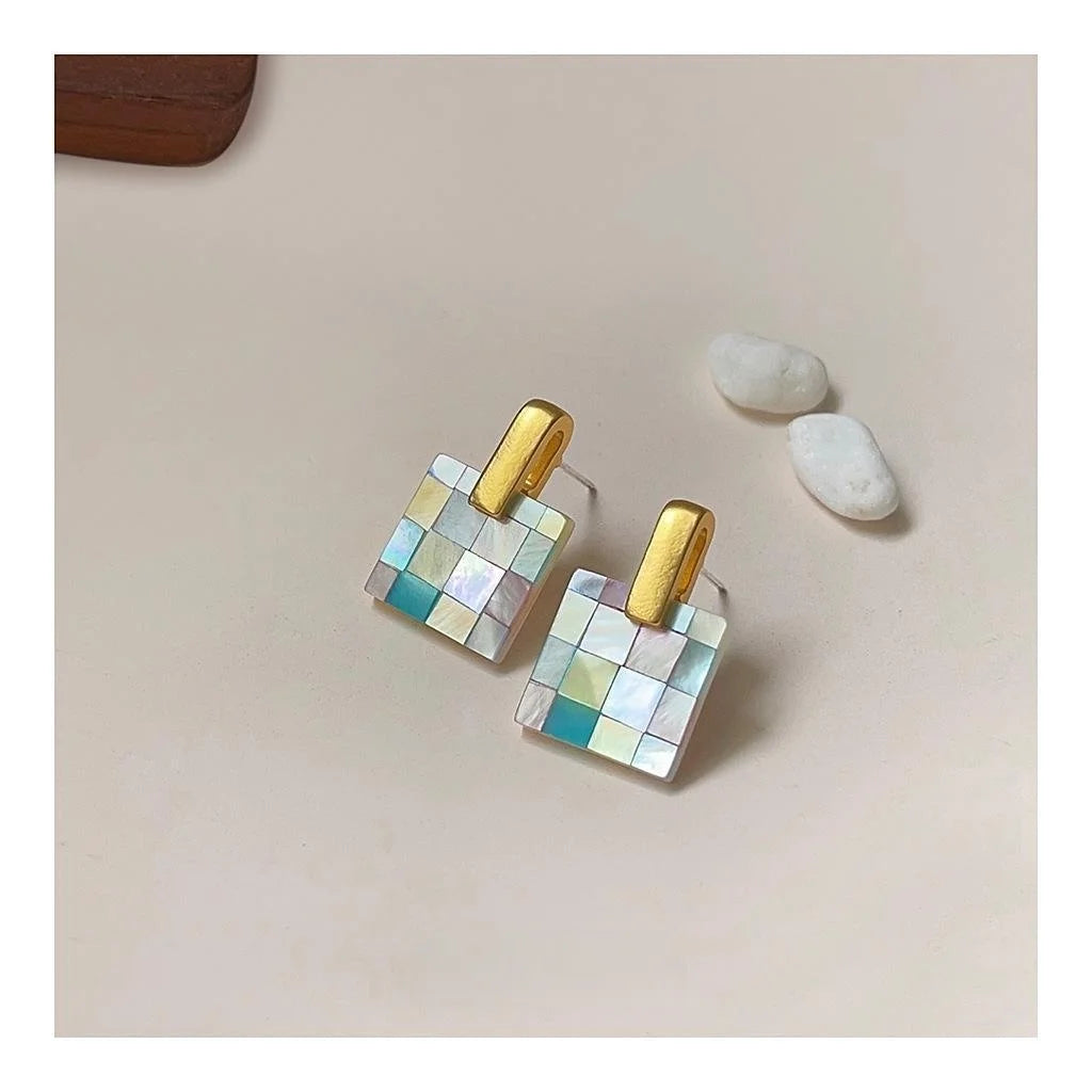 Light Luxury Shell Geometric Square 14K Gold Plated Stud Earrings