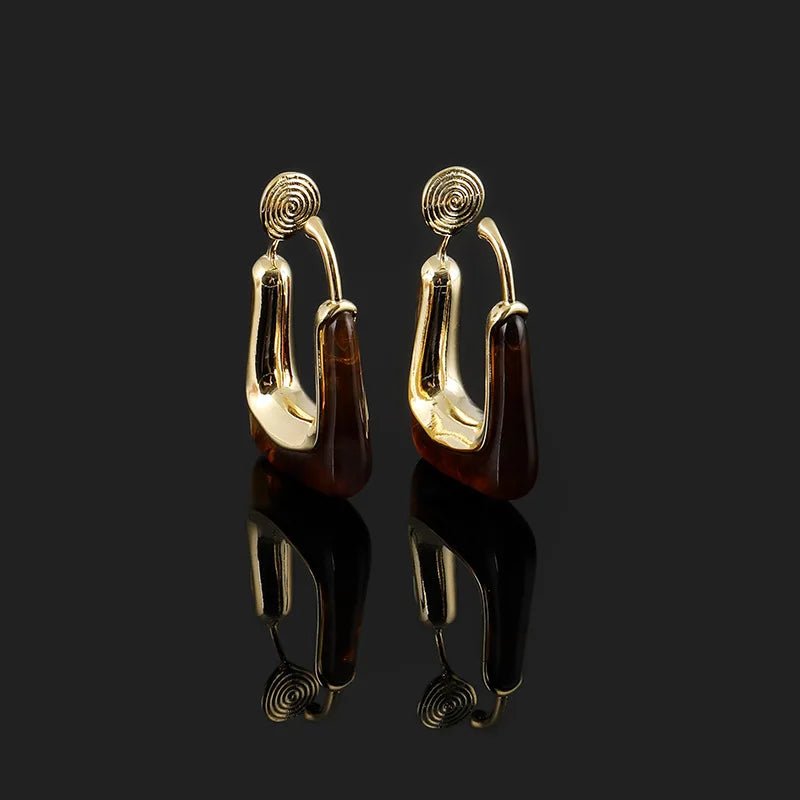 Vintage French Brown Resin Geometric Hoop Stud & Clip On No Piercing Gold Alloy Spiral Earrings