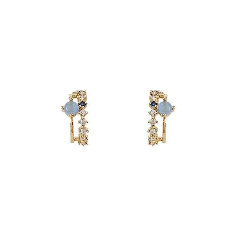French Light Luxury 14K Plated Ring Stud Earrings With Zircon Glass Cat Eye Stone For Women