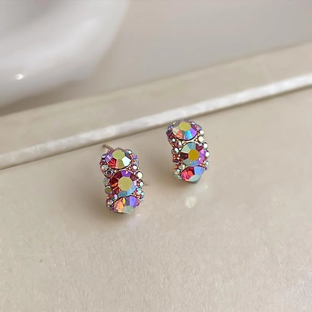14K Gold Plated Copper Geometric Ring Line Glass Rhinestone Rose Red Stud Earrings