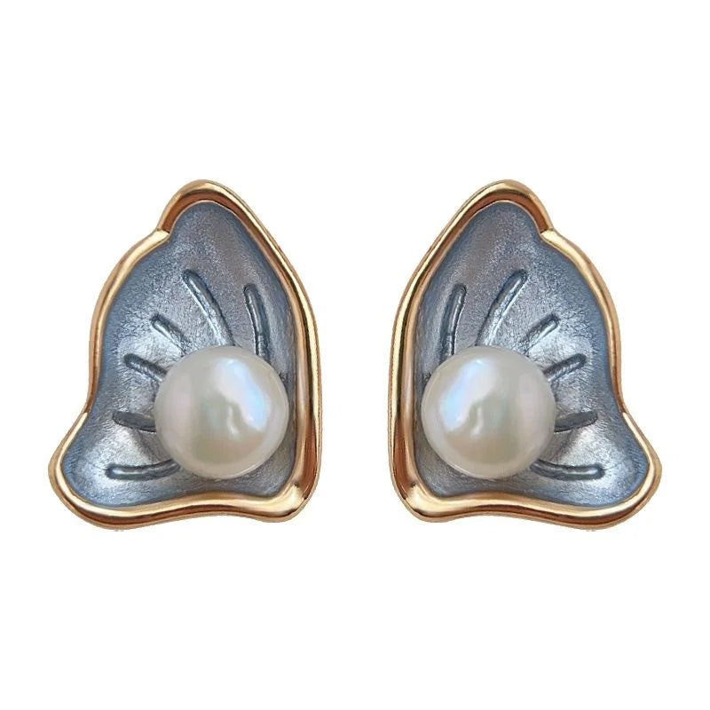 French Style Copper Freshwater Pearl Leaf Stud Earrings Designer Fashion Jewelry