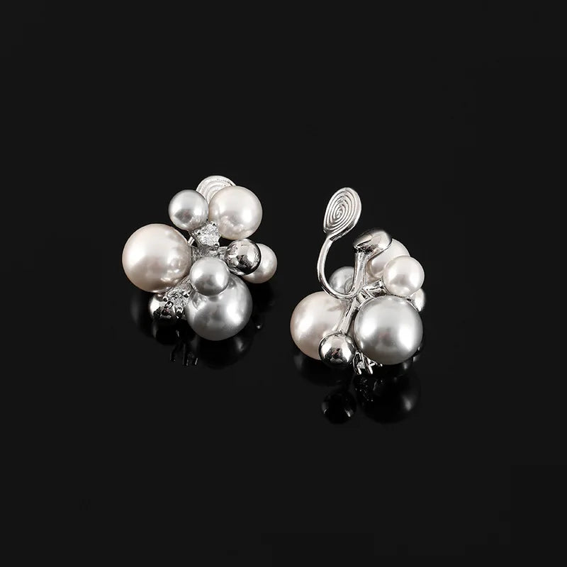 Luxury Grey Pearl Firework Cluster Rhinestone Stud & Clip On No Piercing Women's Fashion Earrings
