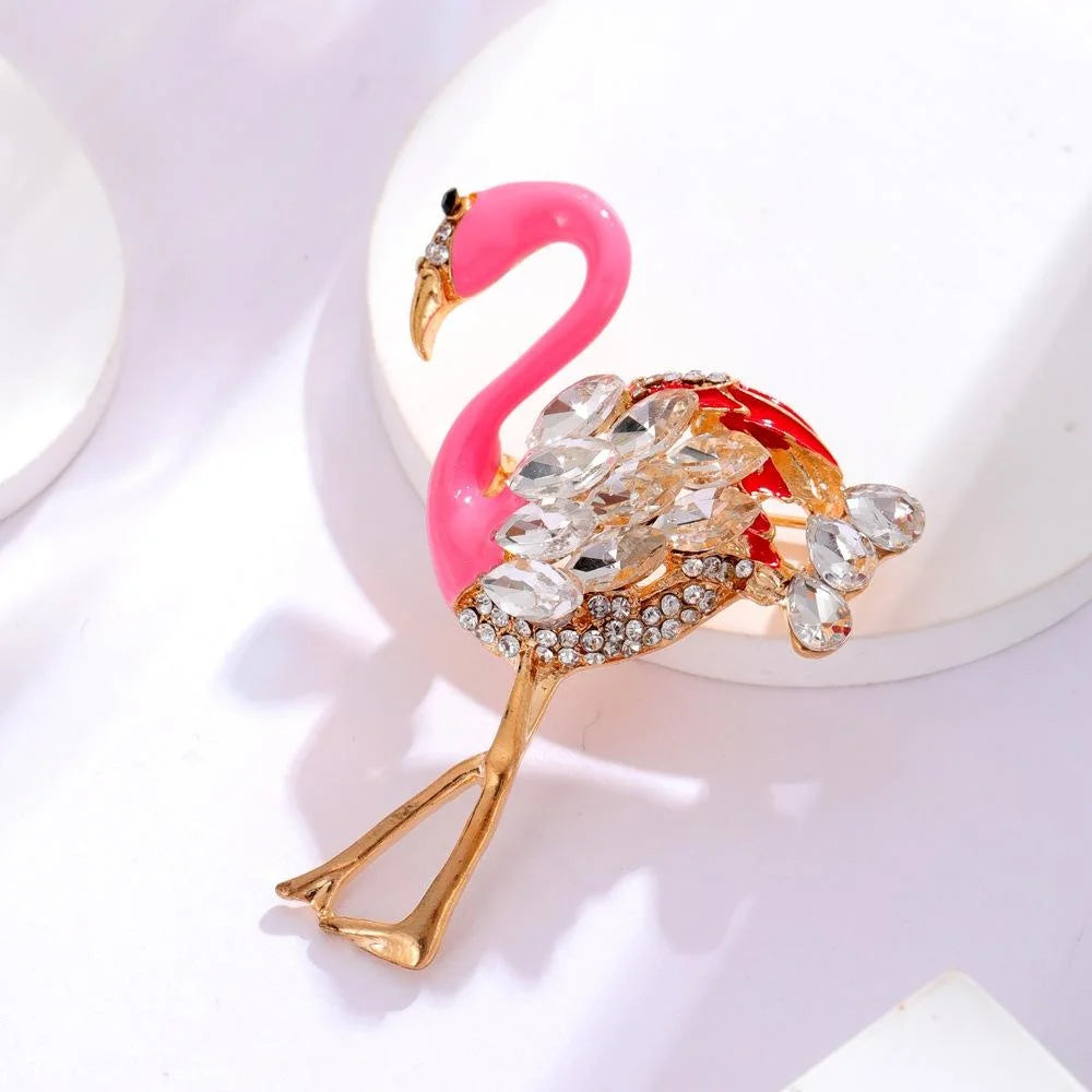 Elegant Pink Enamel Flamingo Brooch With Rhinestone Wings, Alloy Bird Lapel Pin Corsage Gift