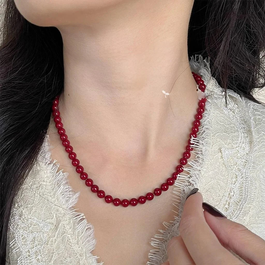 Vintage Red Glass Pearl Enamel Geometric Round Pendant Sweater Chain Choker Necklace