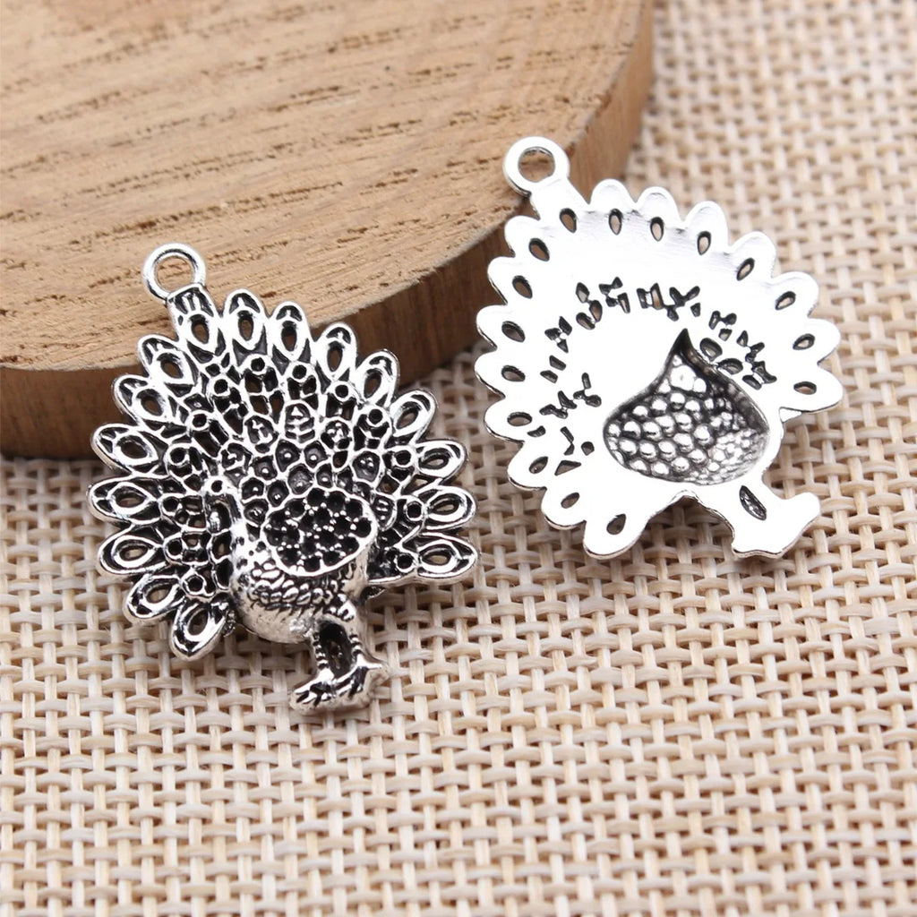 30x22mm 2.2g Antique Silver Zinc Alloy Peacock Charm Pendant with Rhinestone Holes for DIY Jewelry